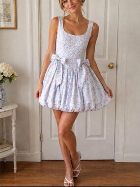 Altar'd State Pastel Floral Bubble Hem Mini Dress - Light Blue & Pink